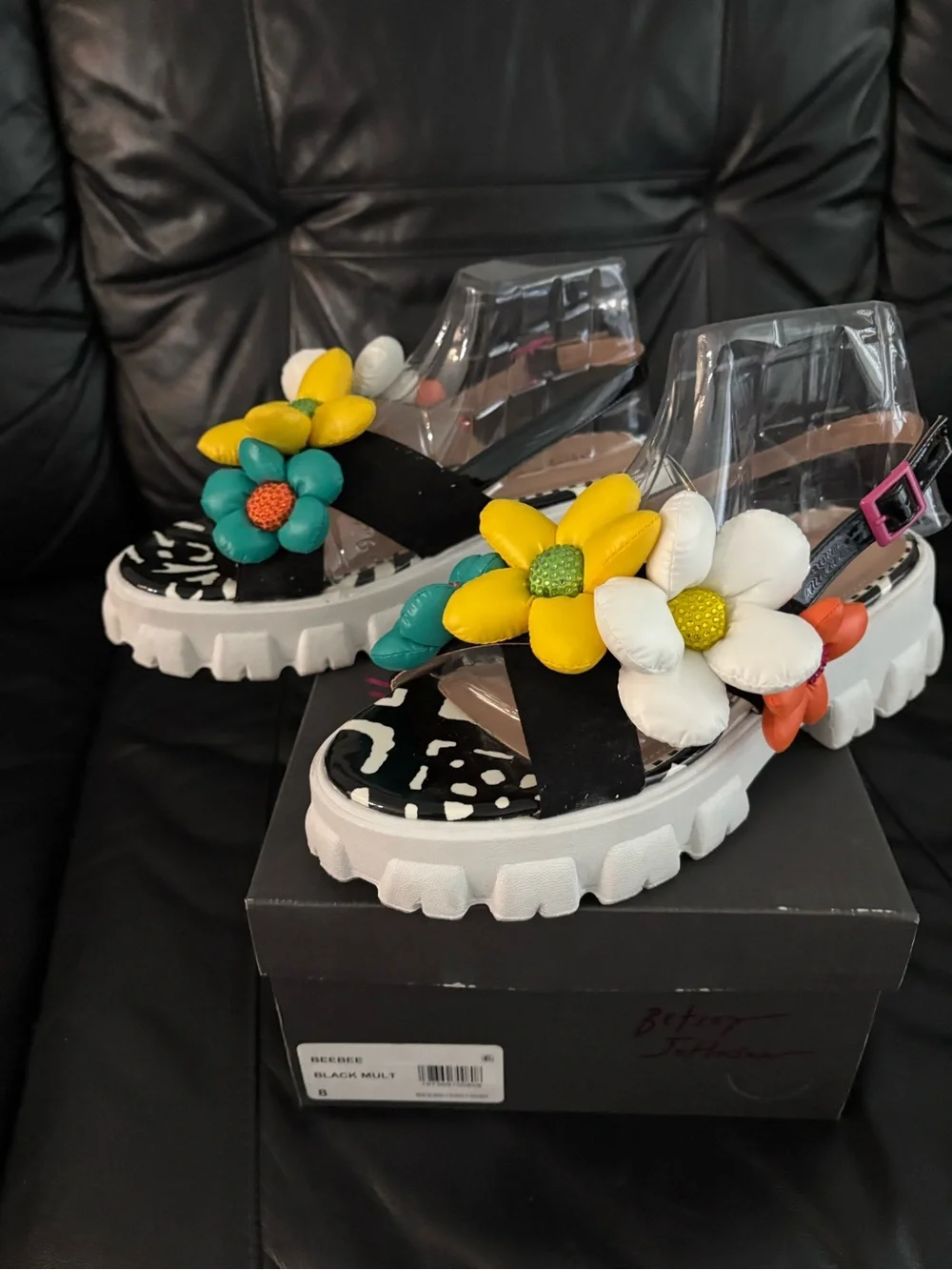 Betsey Johnson Black Floral Platform Sandals with Colorful Blooms
